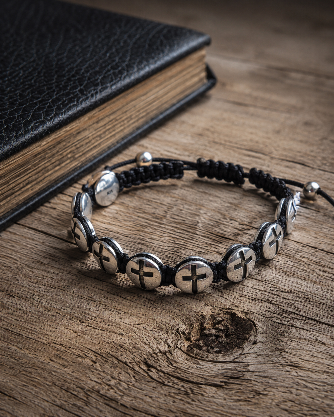 10mm Sterling Silver Cross Bracelet – Adjustable Macrame Christian Faith Jewelry for Men & Women