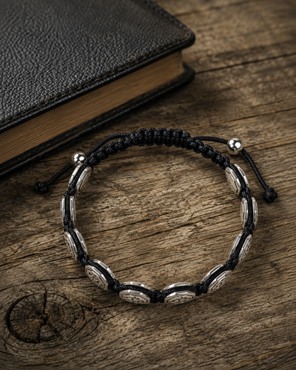 10mm Sterling Silver Om Bracelet – Adjustable Black Cord