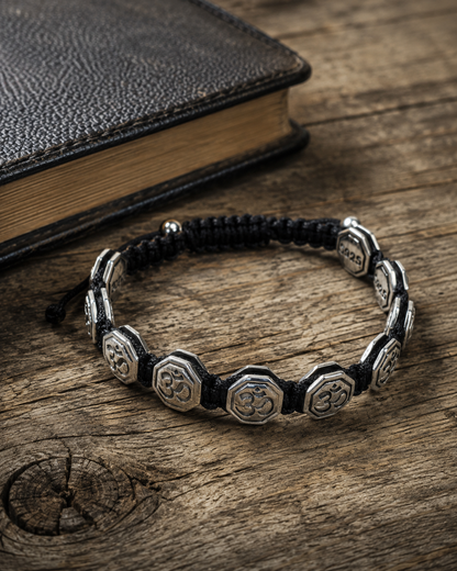 10mm Sterling Silver Om Bracelet – Adjustable Black Cord