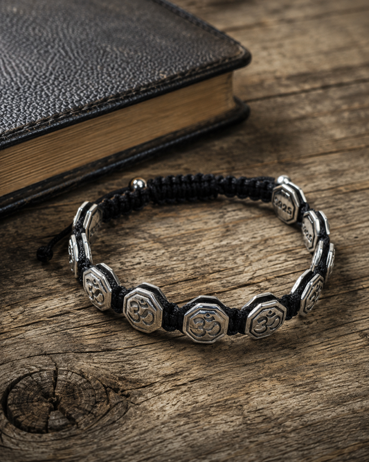 10mm Sterling Silver Om Bracelet – Adjustable Black Cord