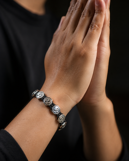 10mm Sterling Silver Om Bracelet – Adjustable Black Cord