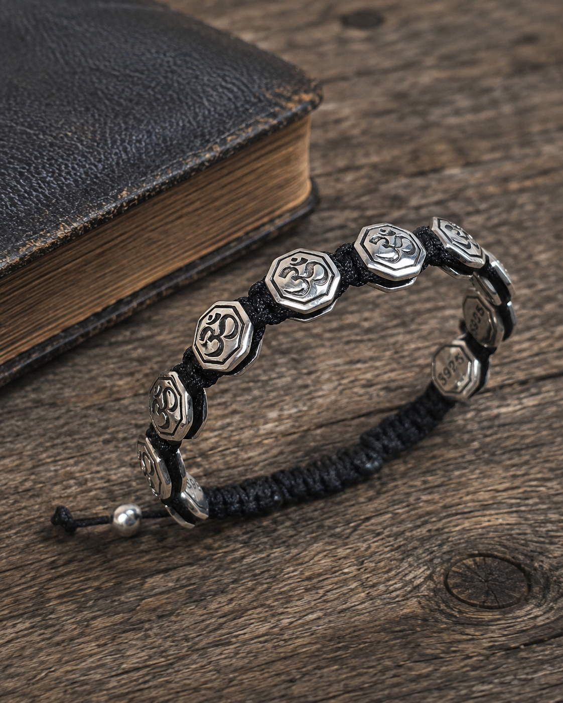 10mm Sterling Silver Om Bracelet – Adjustable Black Cord