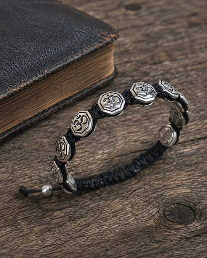 10mm Sterling Silver Om Bracelet – Adjustable Black Cord