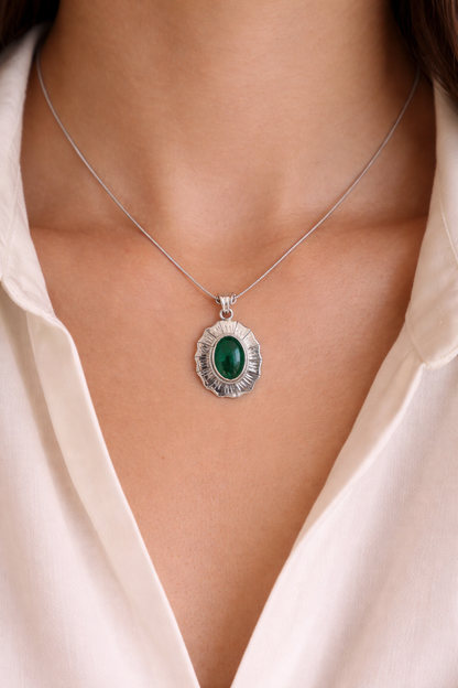 Sterling Silver Green Onyx Pendant, Oval Gemstone Sunburst Pendant, Handmade 925 Silver Statement Jewelry Gift for Her