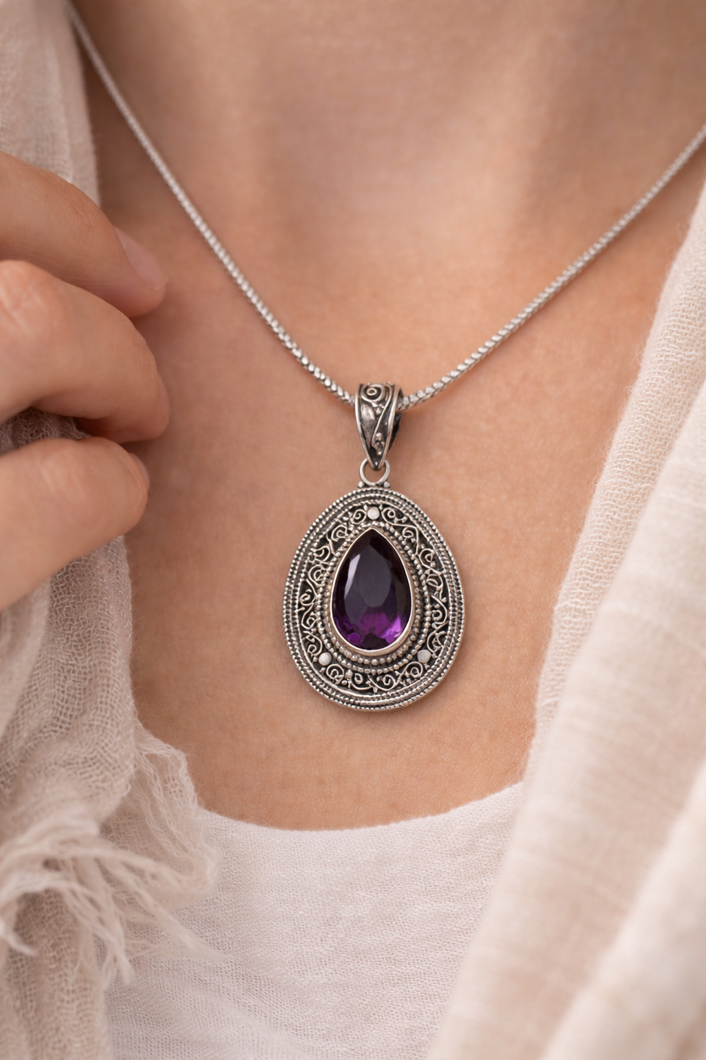 Sterling Silver Amethyst Teardrop Pendant , Boho Filigree Purple Gemstone Jewelry