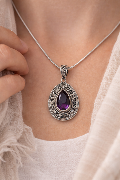 Sterling Silver Amethyst Teardrop Pendant , Boho Filigree Purple Gemstone Jewelry