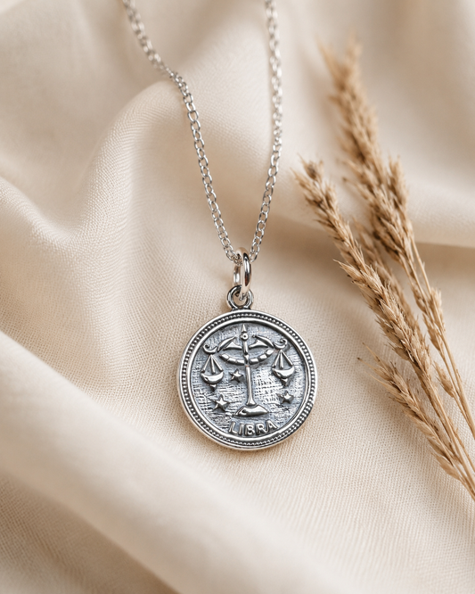 Sterling Silver Libra Zodiac Coin Necklace – Scales Pendant Jewelry Gift