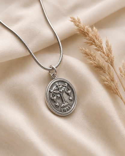Sterling Silver Libra Zodiac Coin Necklace – Scales Pendant Jewelry Gift
