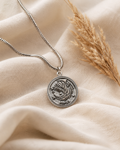 Sterling Silver Virgo Zodiac Coin Necklace – 925 Silver Astrology Pendant