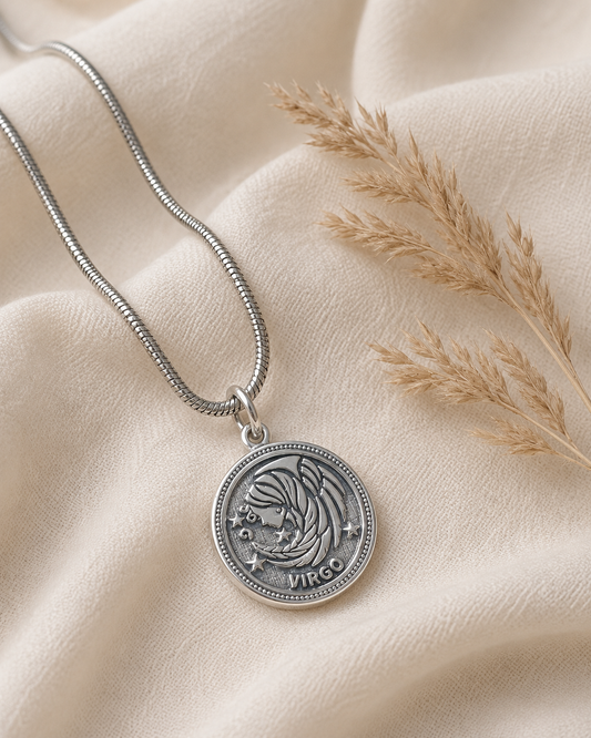 Sterling Silver Virgo Zodiac Coin Necklace – 925 Silver Astrology Pendant