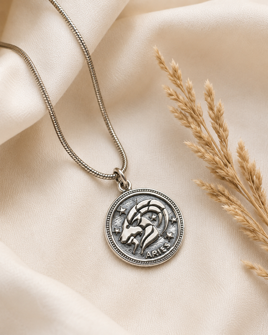 Sterling Silver Aries Zodiac Pendant Necklace – 925 Silver Ram Astrology Coin Charm Jewelry Gift