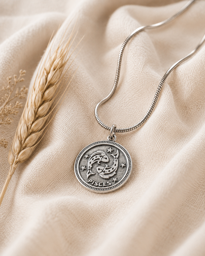 Sterling Silver Pisces Zodiac Pendant Necklace, Vintage Astrology Coin Charm, Celestial Fish Horoscope Jewelry Gift
