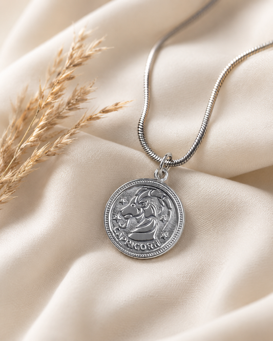 Sterling Silver Capricorn Zodiac Pendant Necklace – Astrology Coin Charm Jewelry Gift