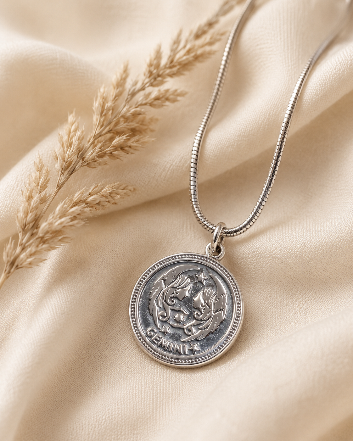Sterling Silver Gemini Zodiac Coin Pendant Necklace, Dime Size Unisex Astrology Charm