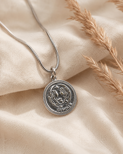 Sterling Silver Gemini Zodiac Coin Pendant Necklace, Dime Size Unisex Astrology Charm