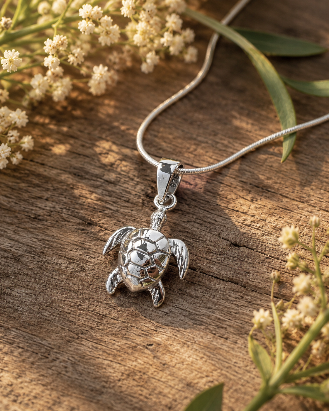 Sterling Silver Sea Turtle Pendant Necklace, 925 Silver Turtle Pendant, Ocean Jewelry Gift, Beach Charm Necklace