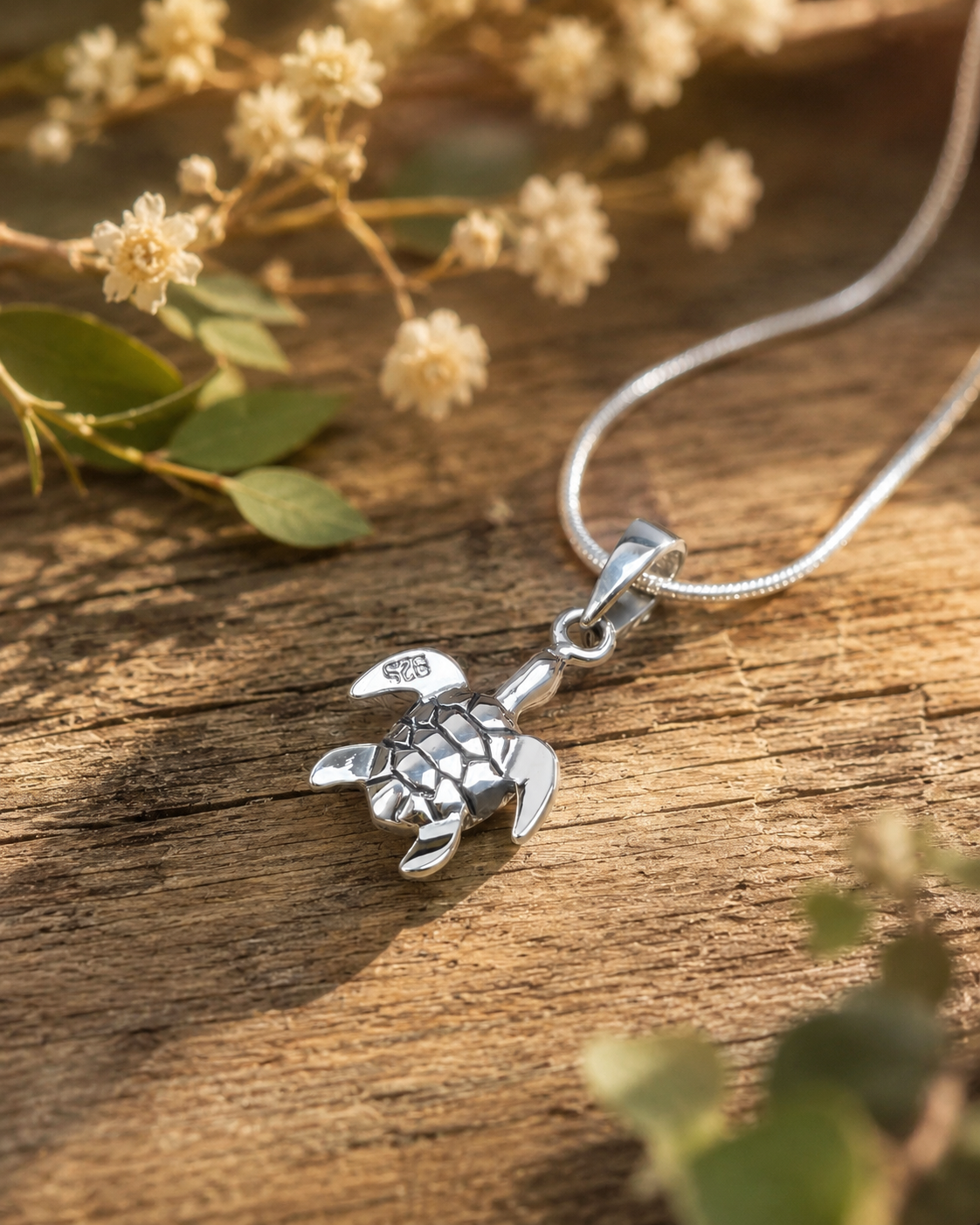 Sterling Silver Sea Turtle Pendant Necklace, 925 Silver Turtle Pendant, Ocean Jewelry Gift, Beach Charm Necklace