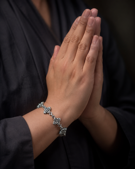 Solid Sterling Silver Vajra Bracelet, Dorje Floral Link Bracelet, 925 Silver Yoga Toggle Bracelet