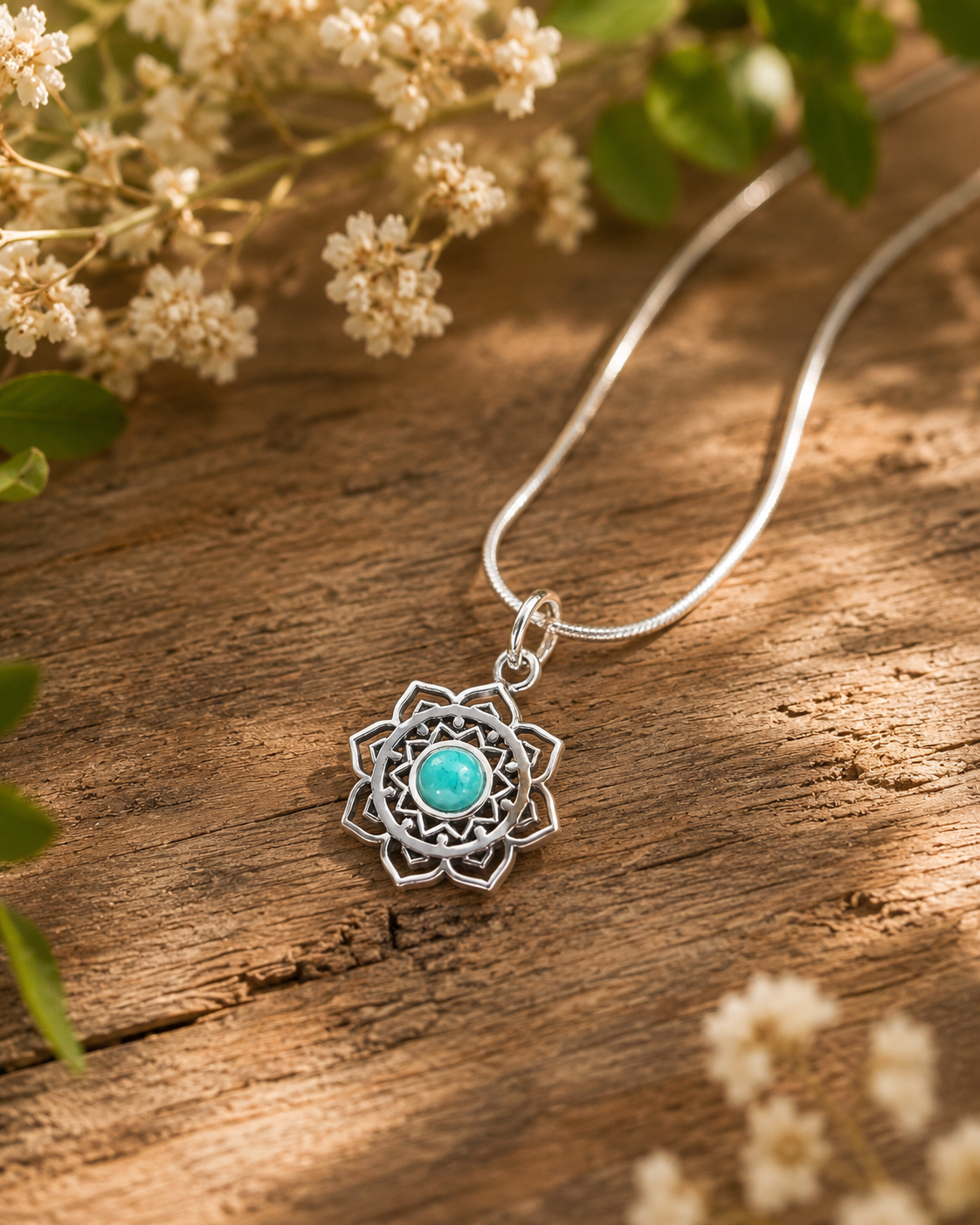 Sterling Silver Lotus Pendant with Turquoise Mandala Stone –  Boho Yoga Flower Necklace