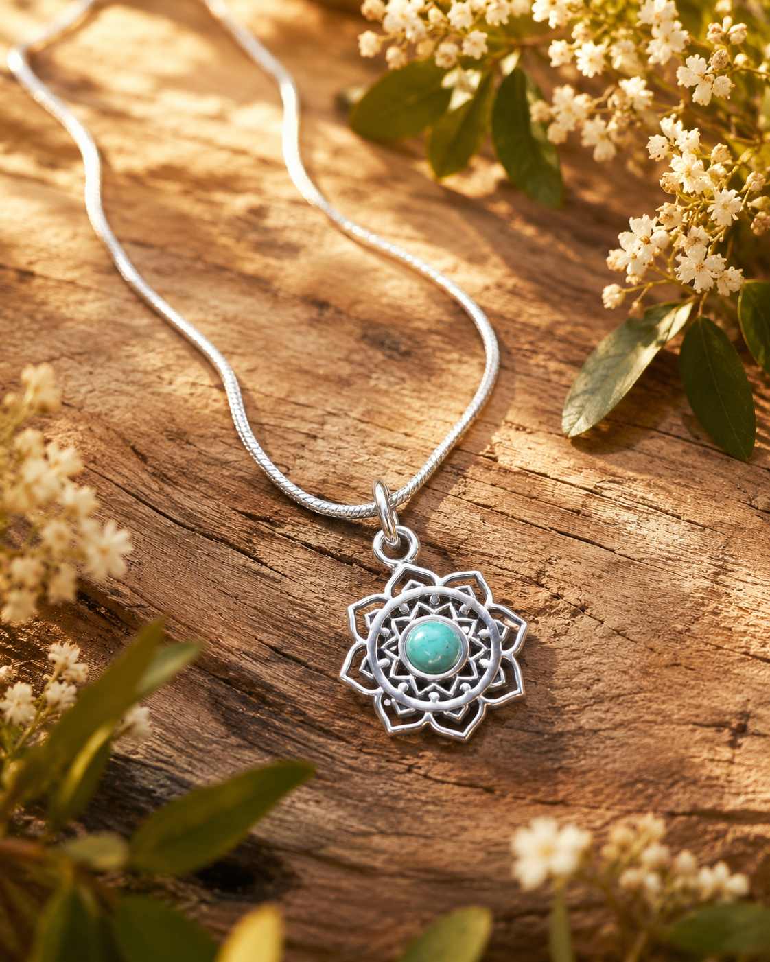 Sterling Silver Lotus Pendant with Turquoise Mandala Stone –  Boho Yoga Flower Necklace