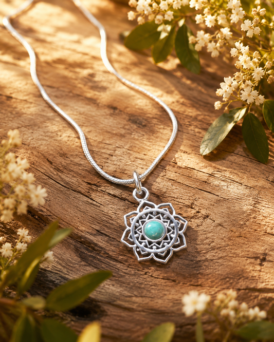 Sterling Silver Lotus Pendant with Turquoise Mandala Stone –  Boho Yoga Flower Necklace
