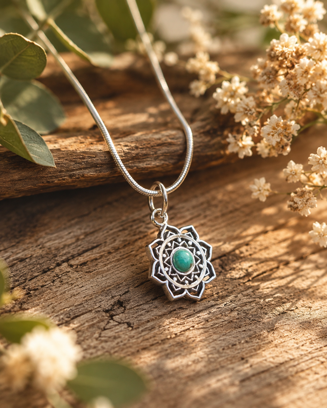Sterling Silver Lotus Pendant with Turquoise Mandala Stone –  Boho Yoga Flower Necklace