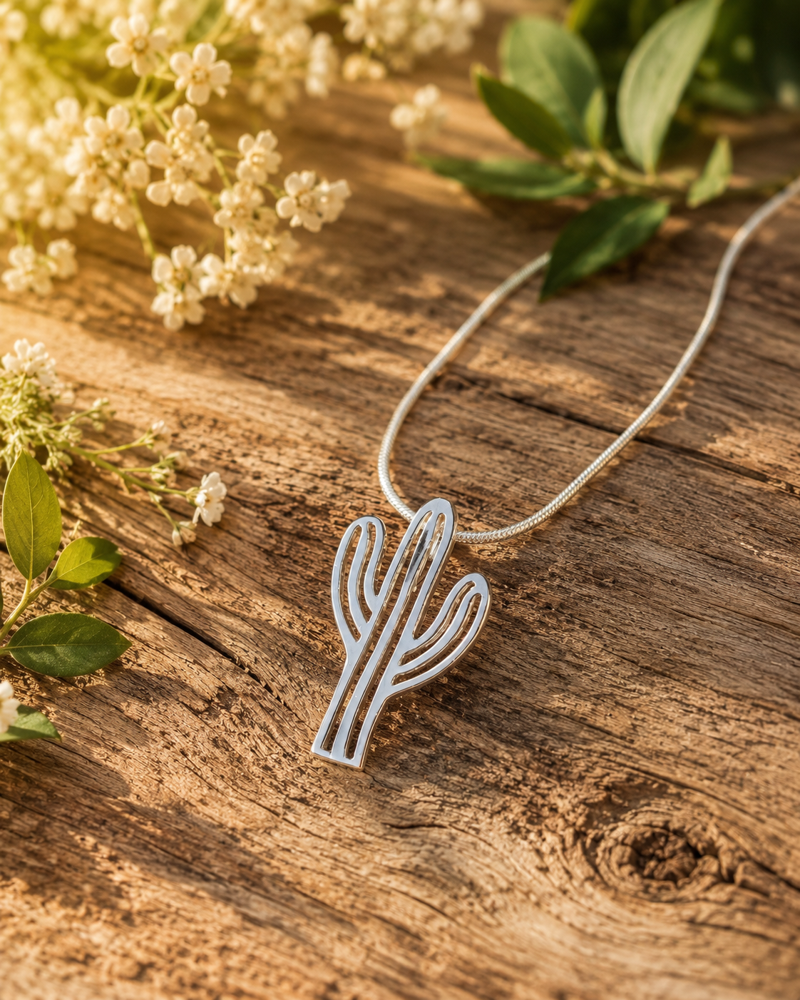 Sterling Silver Cactus Pendant Necklace – Minimalist Saguaro Charm, Southwest Desert Jewelry Gift for Plant Lover