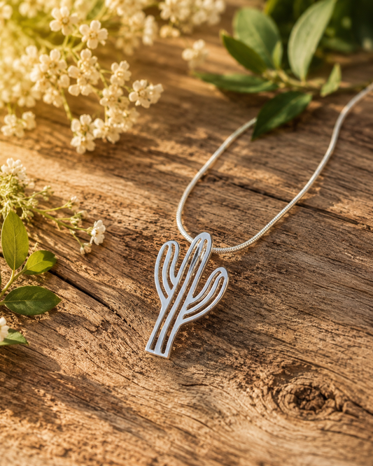 Sterling Silver Cactus Pendant Necklace – Minimalist Saguaro Charm, Southwest Desert Jewelry Gift for Plant Lover