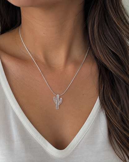 Sterling Silver Cactus Pendant Necklace – Minimalist Saguaro Charm, Southwest Desert Jewelry Gift for Plant Lover