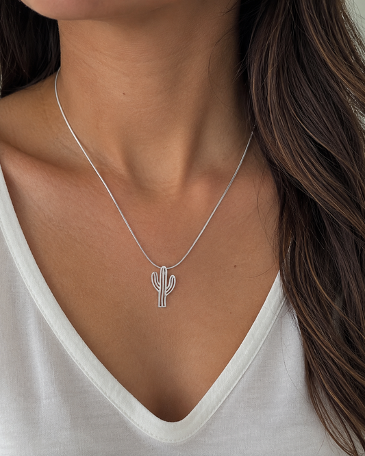 Sterling Silver Cactus Pendant Necklace – Minimalist Saguaro Charm, Southwest Desert Jewelry Gift for Plant Lover