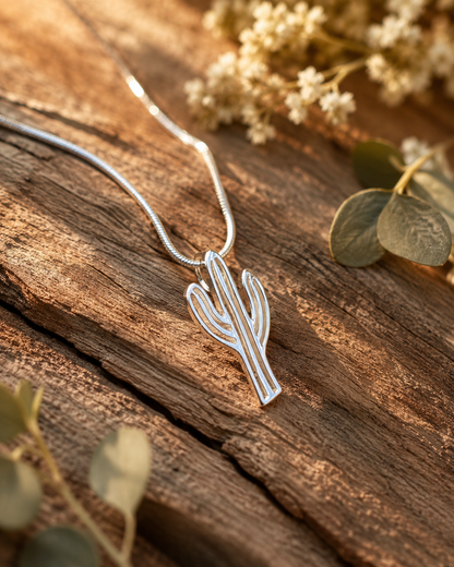 Sterling Silver Cactus Pendant Necklace – Minimalist Saguaro Charm, Southwest Desert Jewelry Gift for Plant Lover
