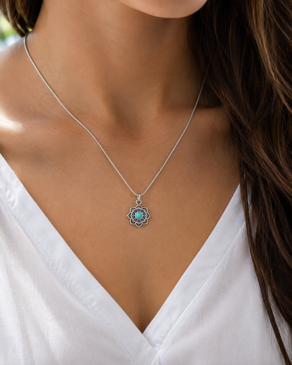 Sterling Silver Lotus Pendant with Turquoise Mandala Stone –  Boho Yoga Flower Necklace