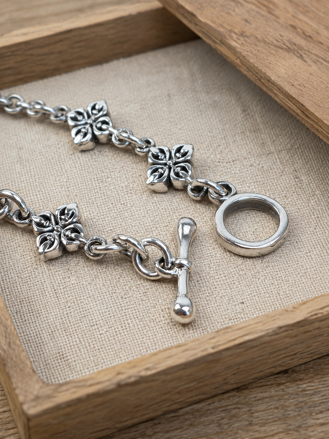 Solid Sterling Silver Vajra Bracelet, Dorje Floral Link Bracelet, 925 Silver Yoga Toggle Bracelet