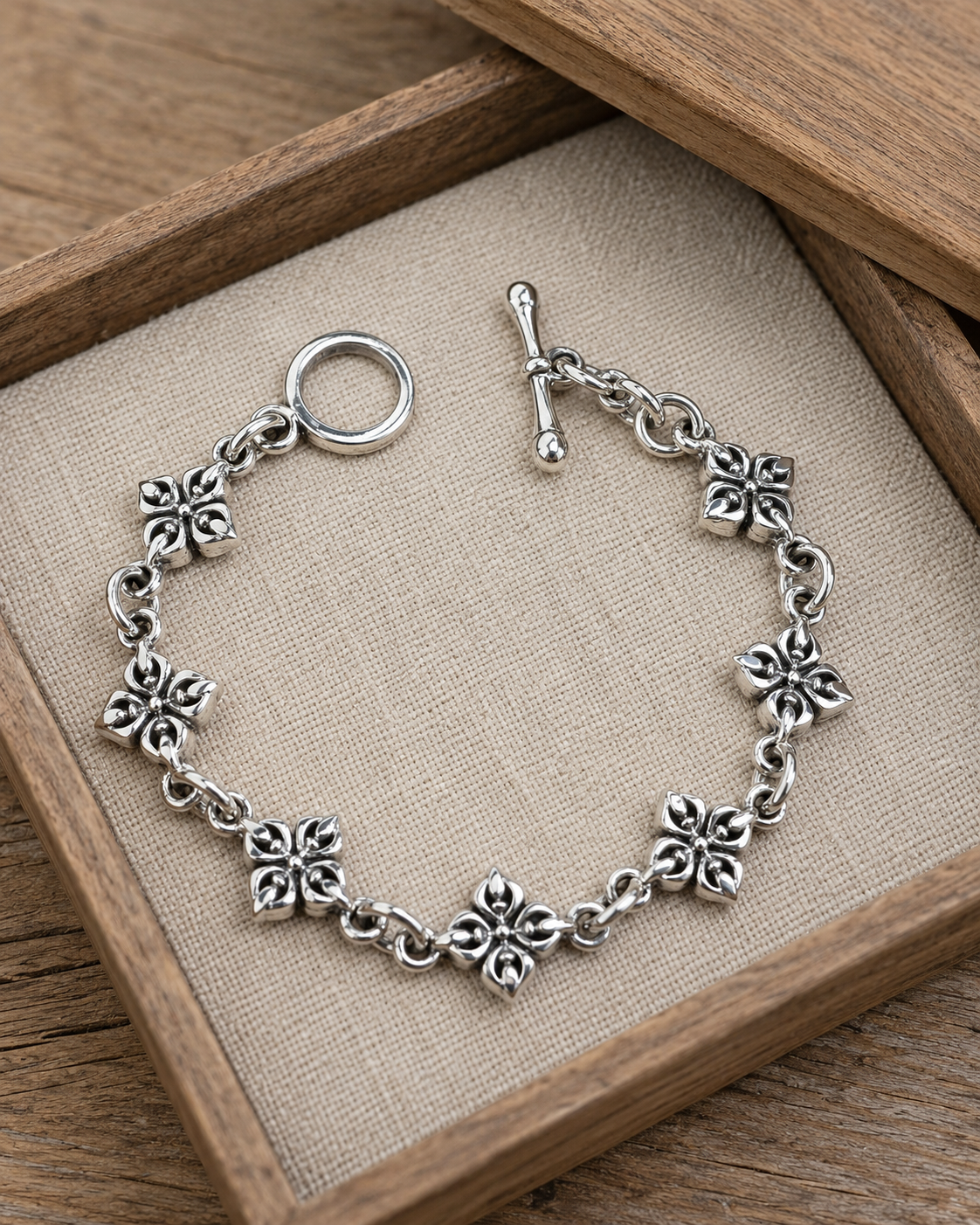 Solid Sterling Silver Vajra Bracelet, Dorje Floral Link Bracelet, 925 Silver Yoga Toggle Bracelet