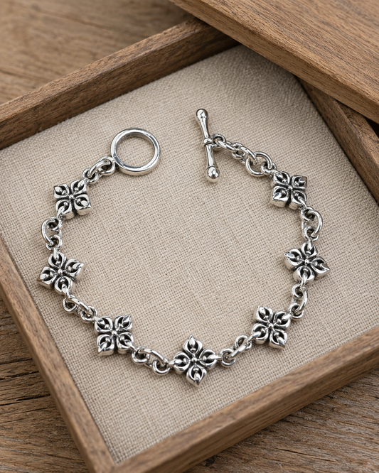 Solid Sterling Silver Vajra Bracelet, Dorje Floral Link Bracelet, 925 Silver Yoga Toggle Bracelet