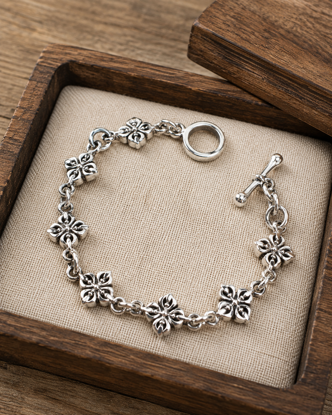 Solid Sterling Silver Vajra Bracelet, Dorje Floral Link Bracelet, 925 Silver Yoga Toggle Bracelet