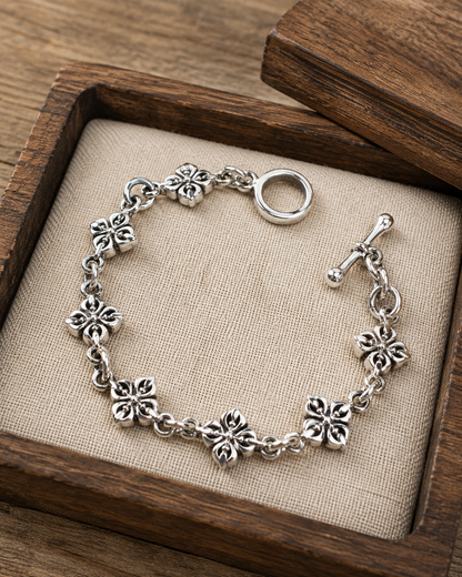 Solid Sterling Silver Vajra Bracelet, Dorje Floral Link Bracelet, 925 Silver Yoga Toggle Bracelet