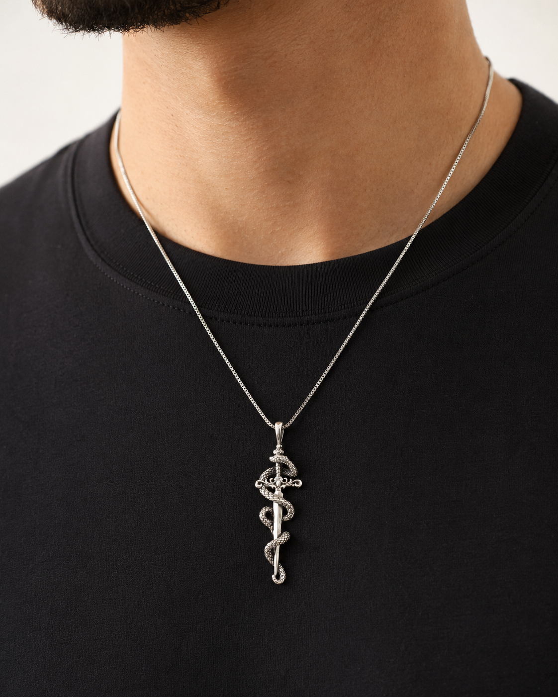 Sterling Silver Snake Sword Pendant Necklace – Gothic Dragon Serpent Dagger Jewelry for Men & Women