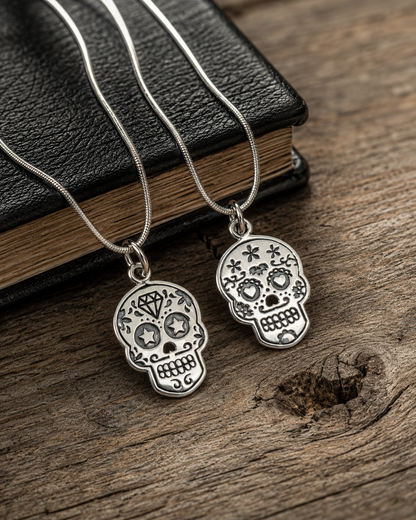 Sterling Silver Sugar Skull Necklace – Unisex Día de los Muertos Skull Pendant