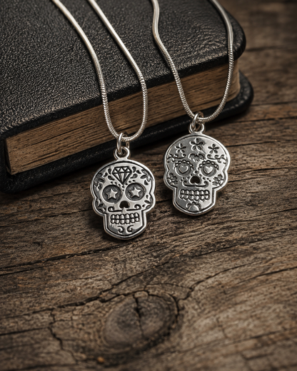Sterling Silver Sugar Skull Necklace – Unisex Día de los Muertos Skull Pendant