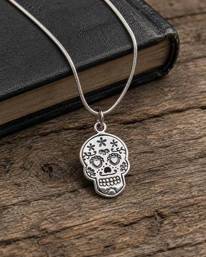 Sterling Silver Sugar Skull Necklace – Unisex Día de los Muertos Skull Pendant