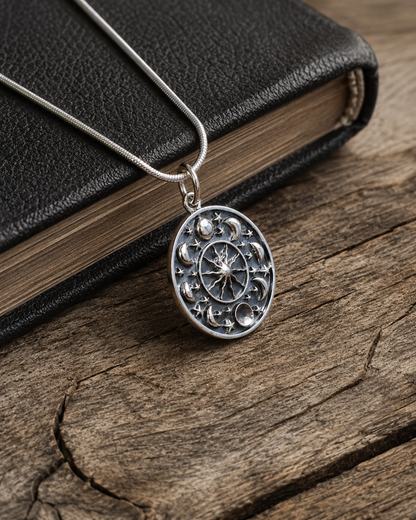 Sterling Silver Celestial Pendant, Moon Phase Sun Star Medallion, Astrology Jewelry