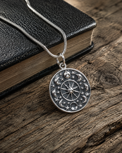 Sterling Silver Celestial Pendant, Moon Phase Sun Star Medallion, Astrology Jewelry