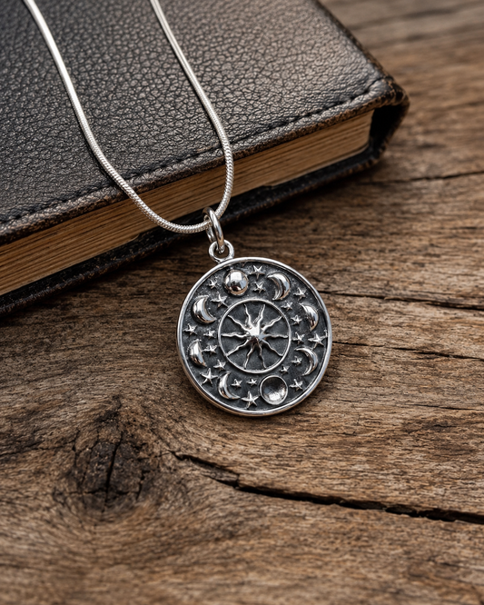 Sterling Silver Celestial Pendant, Moon Phase Sun Star Medallion, Astrology Jewelry
