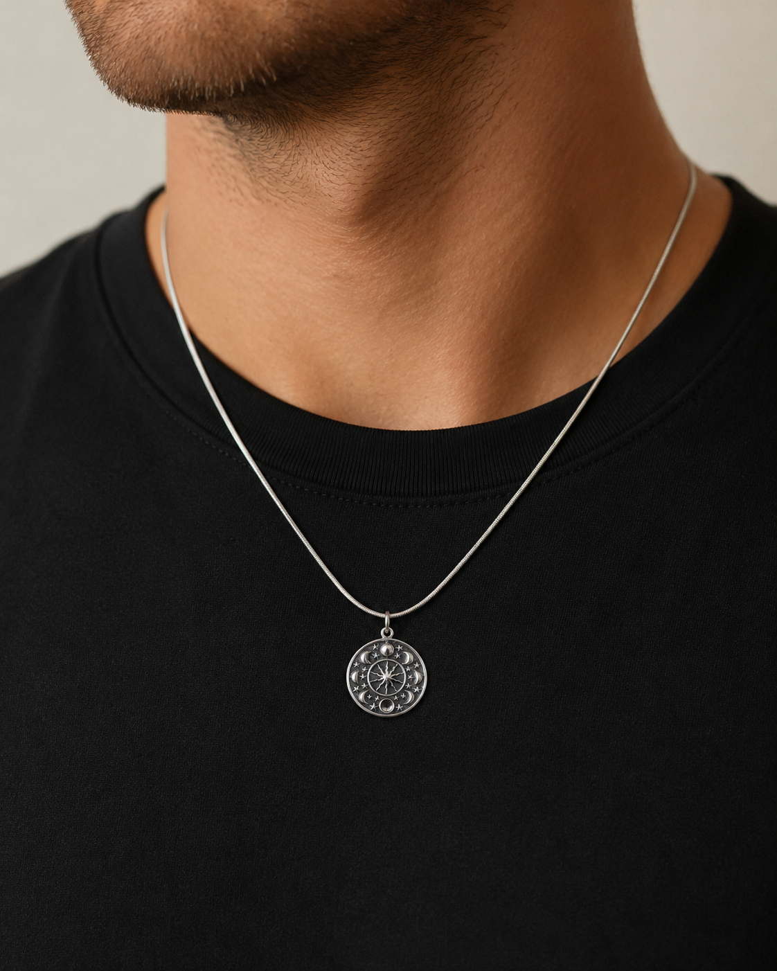 Sterling Silver Celestial Pendant, Moon Phase Sun Star Medallion, Astrology Jewelry