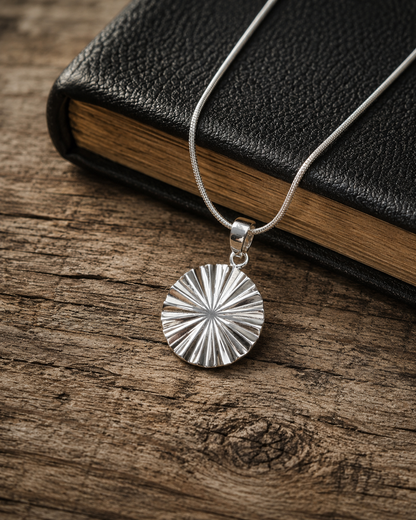 Sterling Silver Sunburst Pendant Necklace – Round Medallion Charm