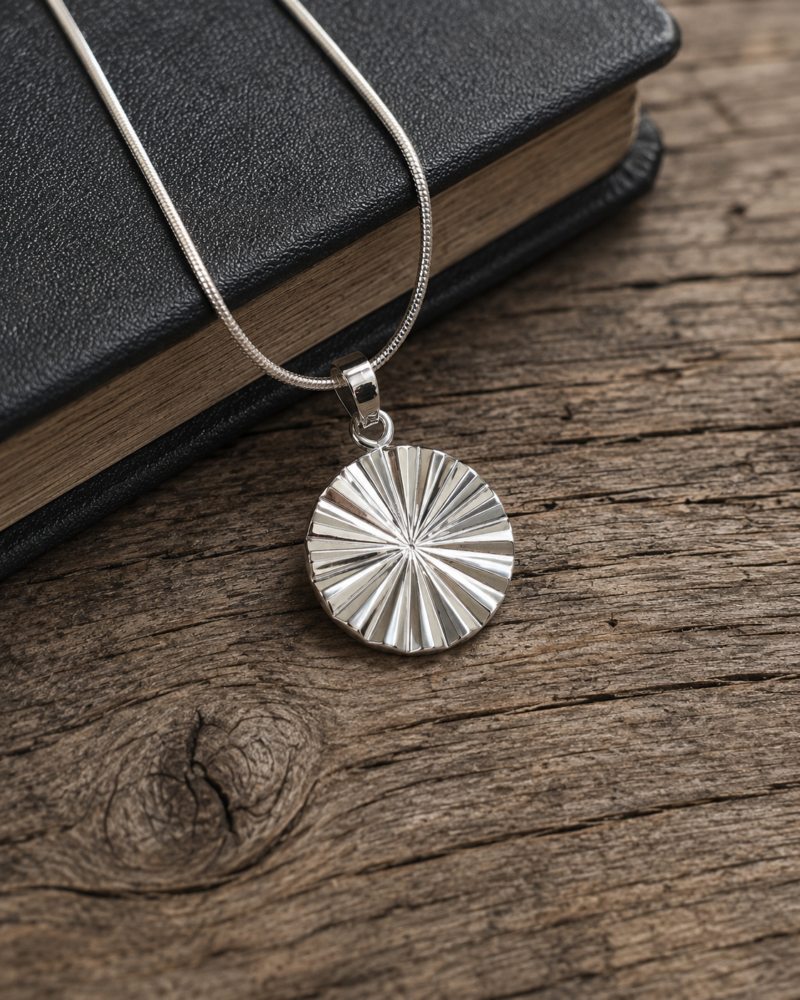 Sterling Silver Sunburst Pendant Necklace – Round Medallion Charm