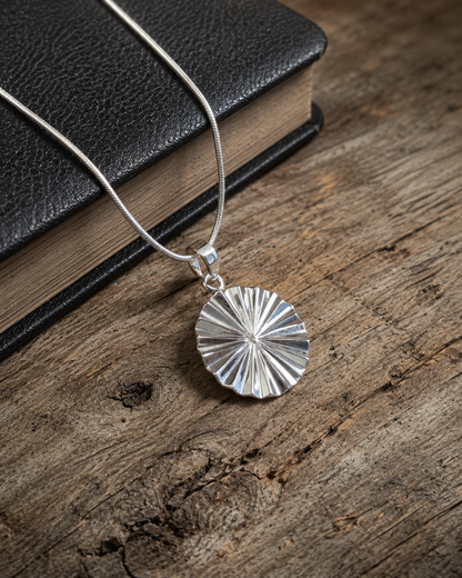 Sterling Silver Sunburst Pendant Necklace – Round Medallion Charm