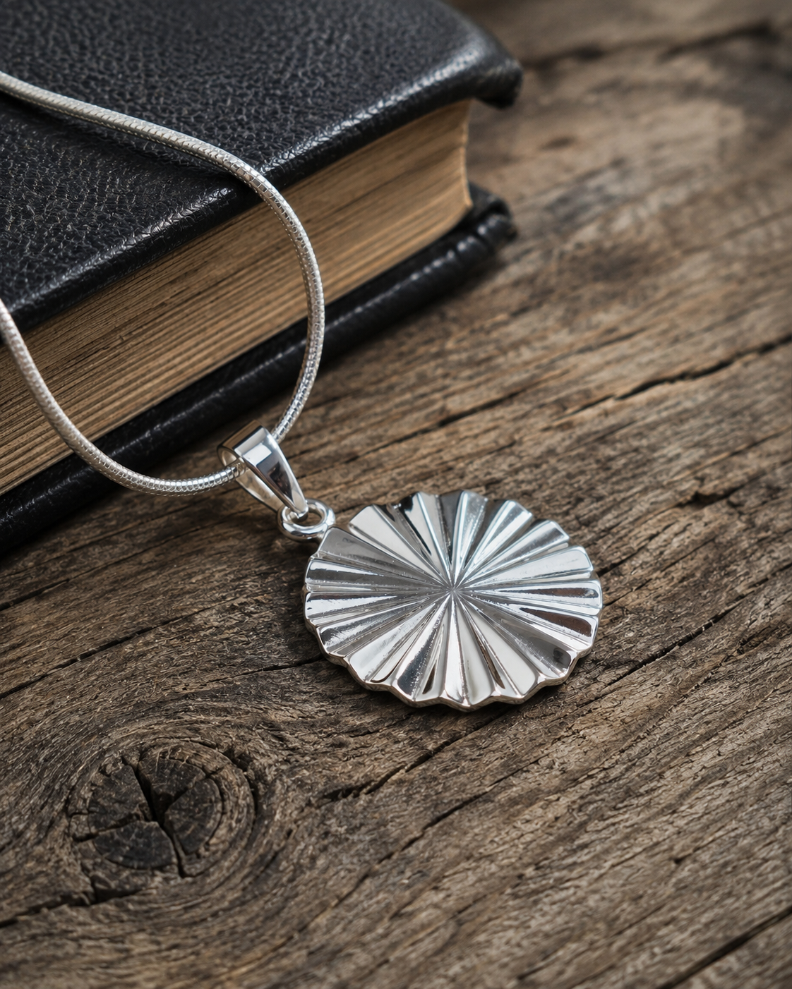 Sterling Silver Sunburst Pendant Necklace – Round Medallion Charm
