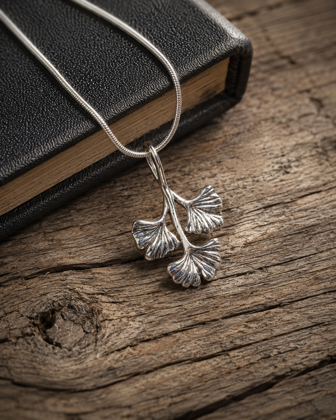 Sterling Silver Ginkgo Leaf Pendant – Botanical Three Leaf Charm, Nature Inspired Jewelry Gift